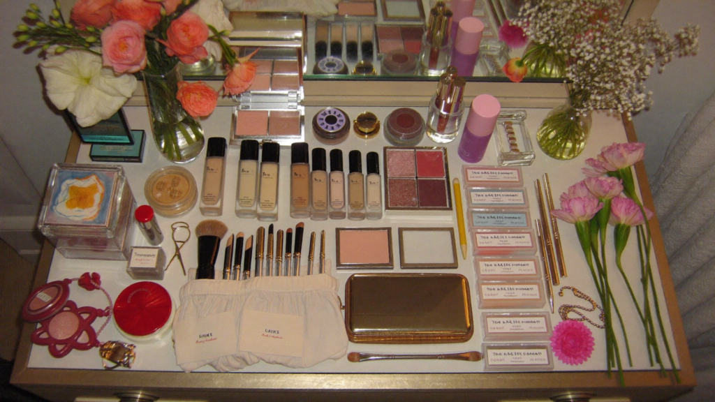 Complete bridal makeup package laid out