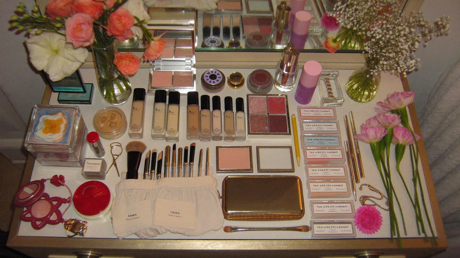 Complete bridal makeup package laid out